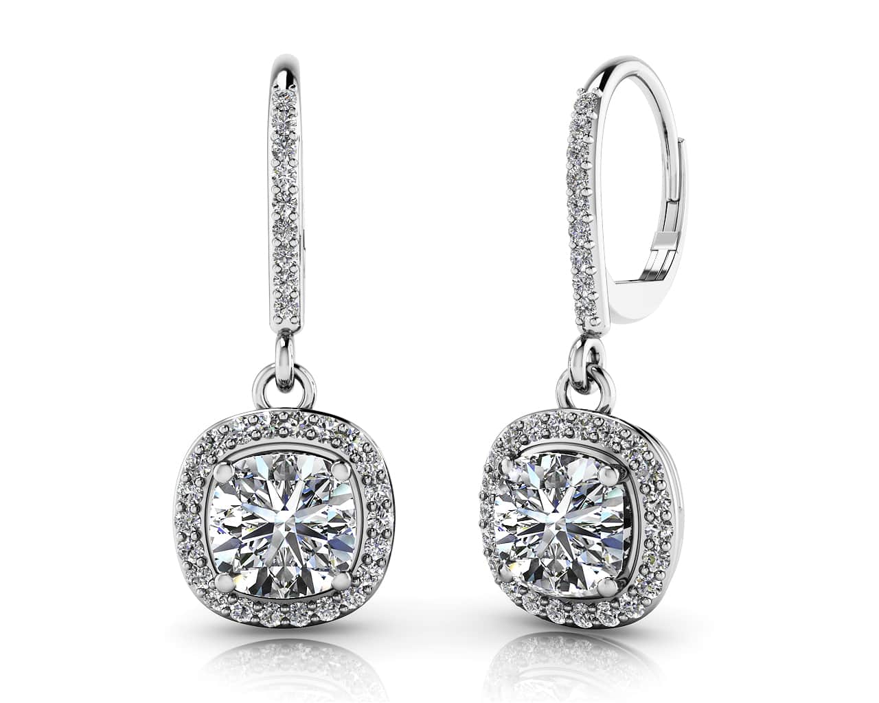 Ravishing Cushion Cut Diamond Drop Earring Diamond with 1.36 ct. (2X0.50 ct. center diamonds)
